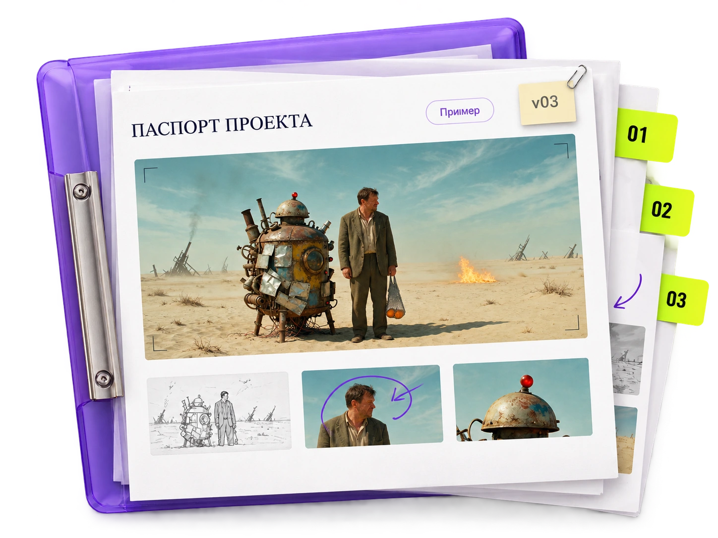 Фиолетовая папка с паспортом проекта: исходники, история правок, условия использования